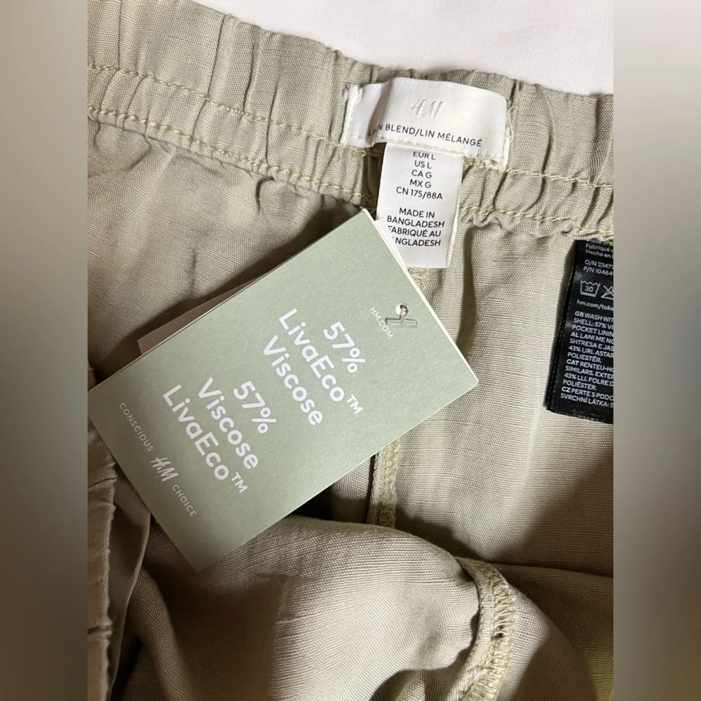 H&M Khaki drawstring waist Linen blend wide leg pants size L.